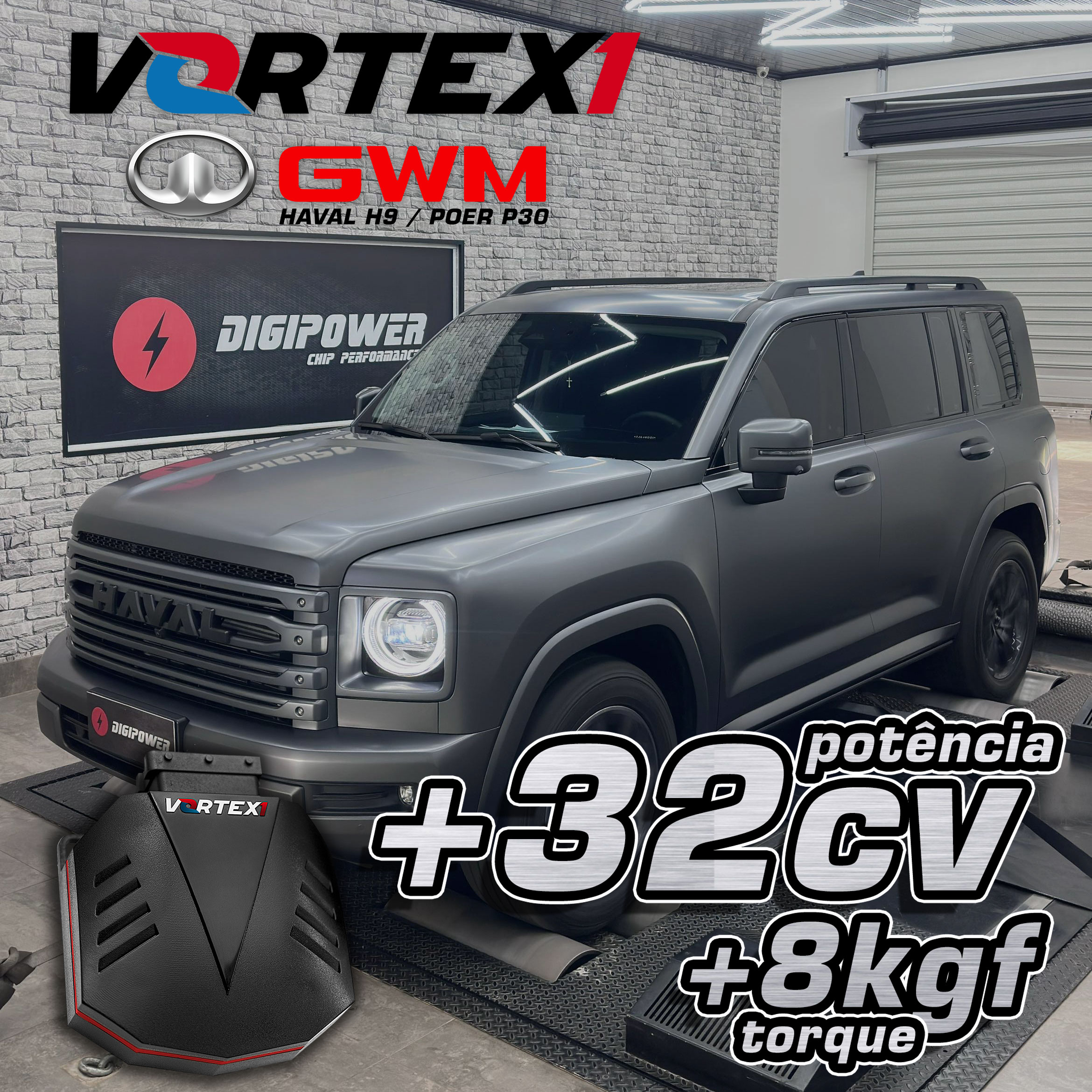 Chip de Potência Vortex1 para GWM Haval H9 / POER P30 +32cv e +8kgf